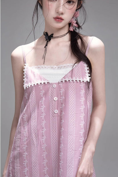 Peach Blossom Lace Suspenders Dress