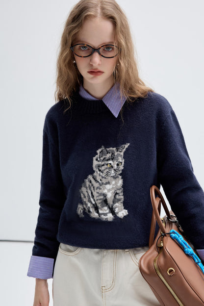 Jacquard Kitten Embroidered Crewneck Top