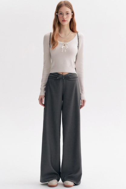 Wool Blend Bow Wide-Leg Pants