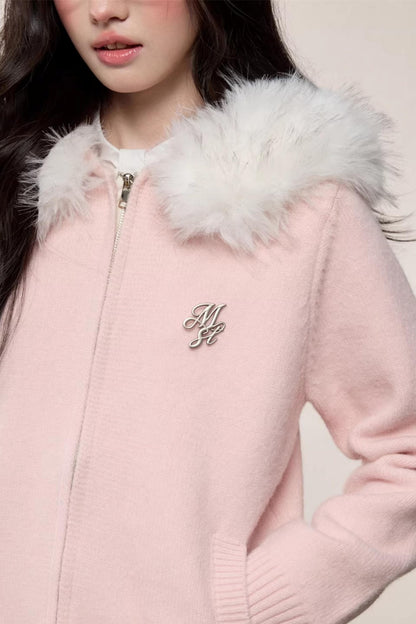 Fur Collar Hooded Knit Cardigan