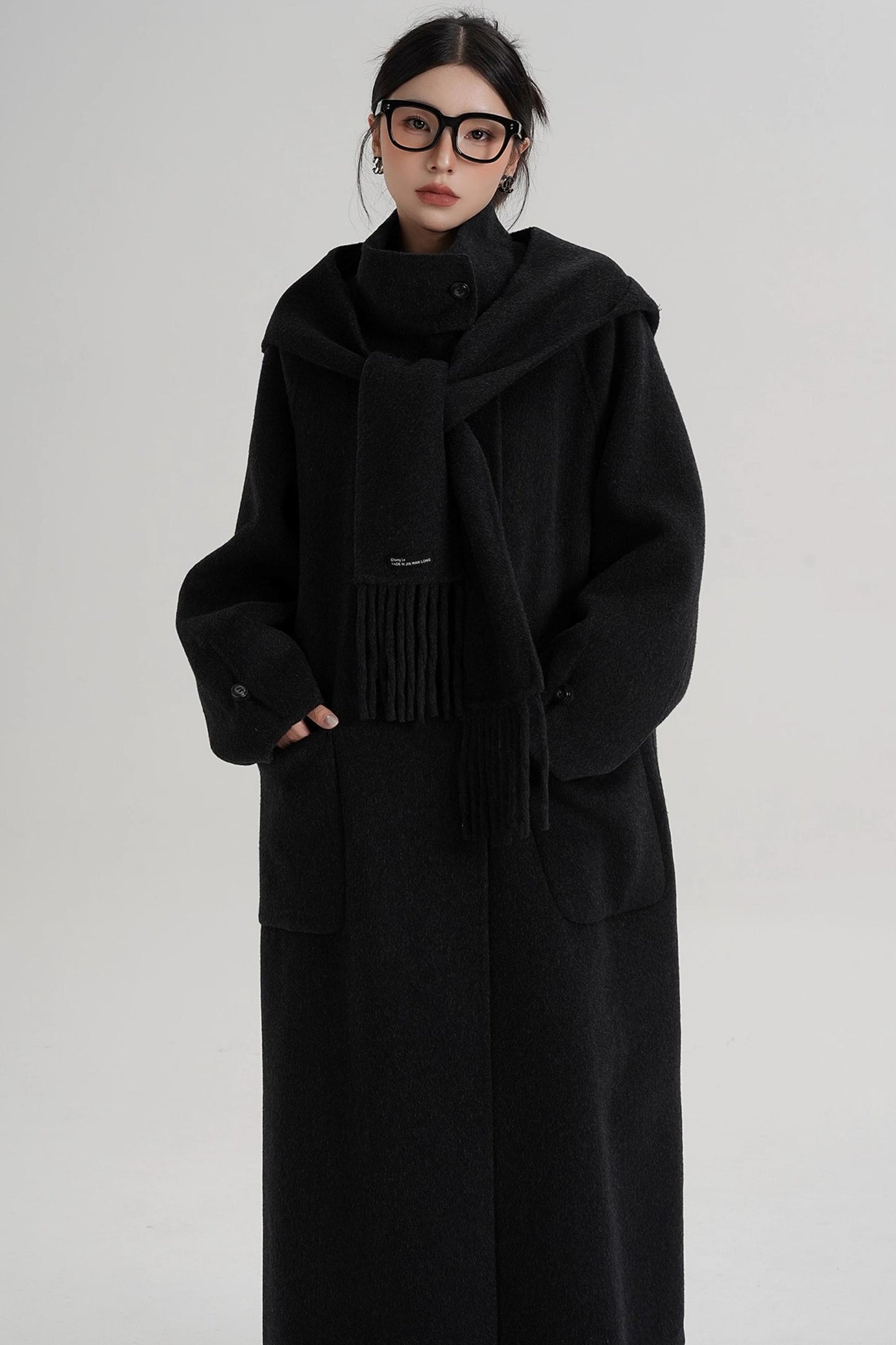 Temperament Hooded Scarf Wool Coat