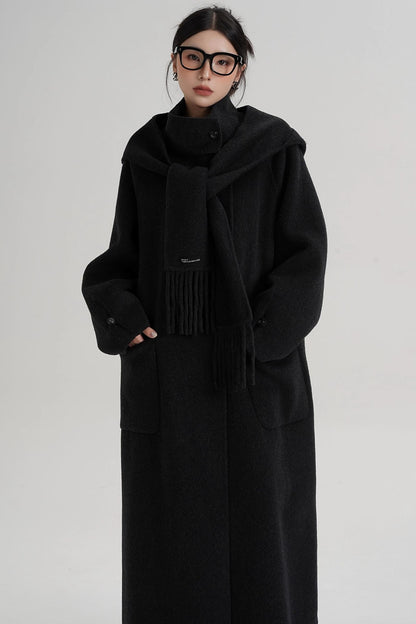 Temperament Hooded Scarf Wool Coat