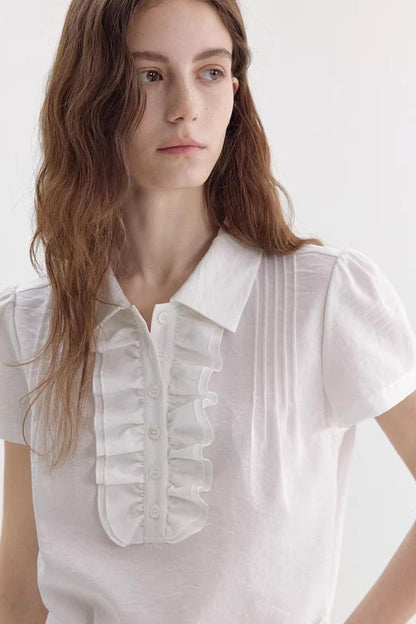 Sheer Ruffled Puff Sleeve Shirt