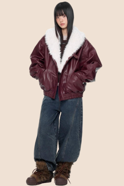 Fur Collar Leather Jacket Coat