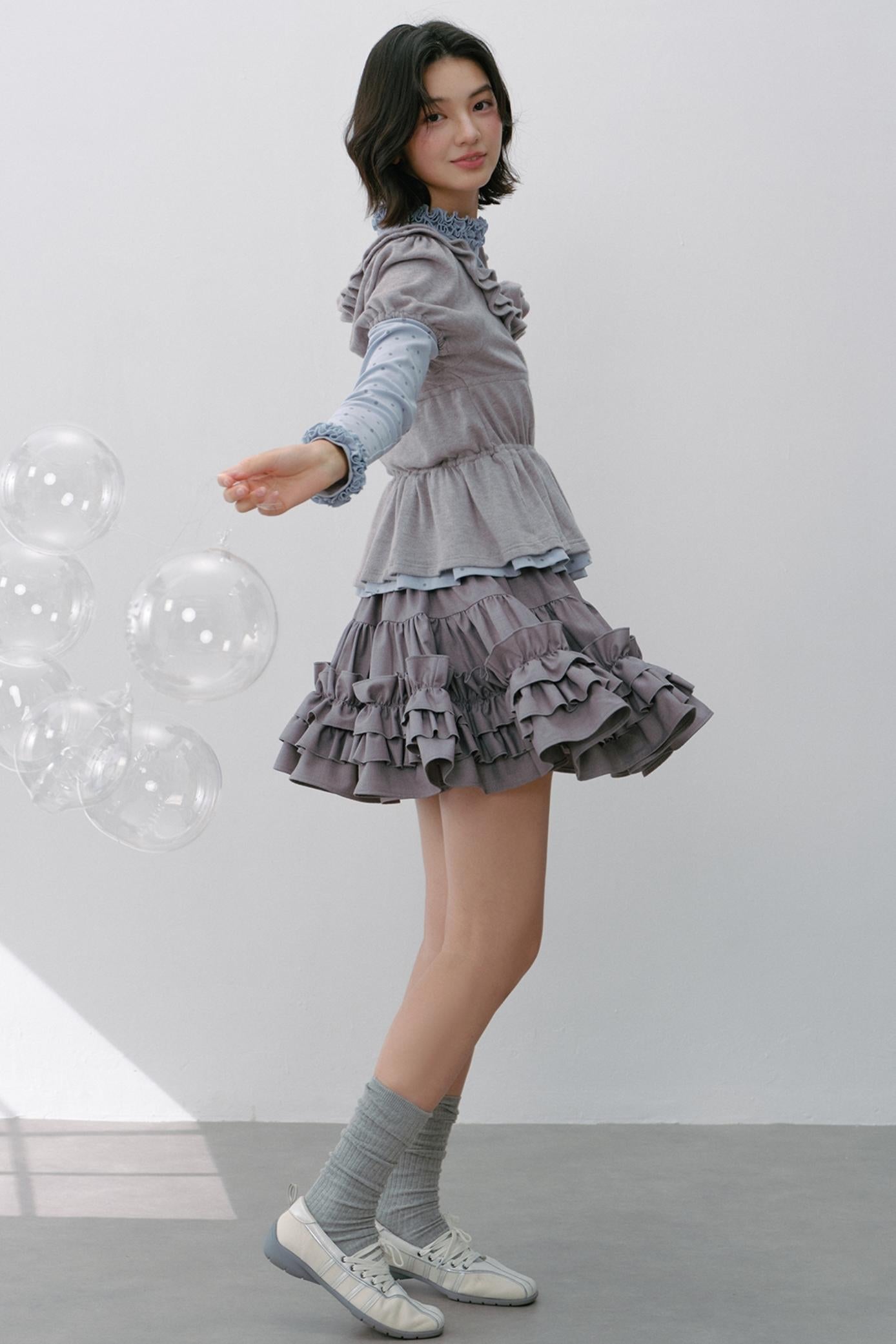 Gray Polka Dot Knitted Shirt Set-Up