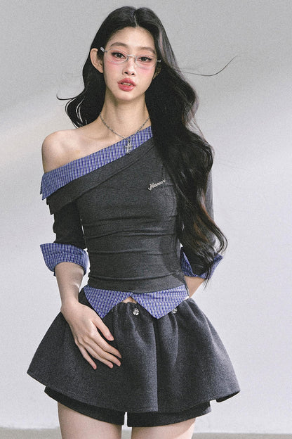 Gray Tone Slanted Shoulder Plaid T-shirt