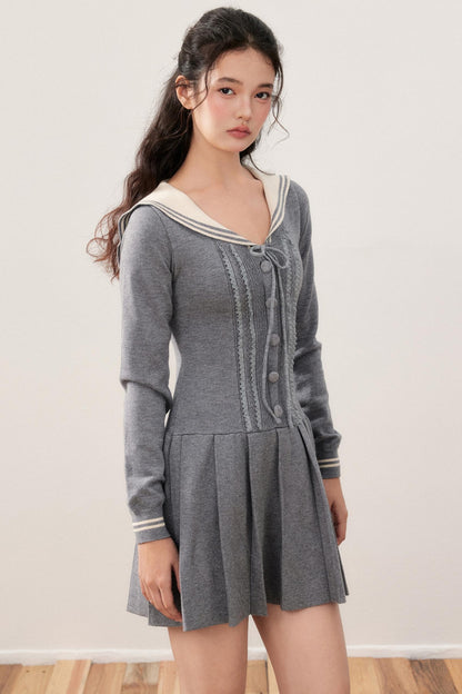 Navy Collar Sailor Sweet Lace Pleated Dress