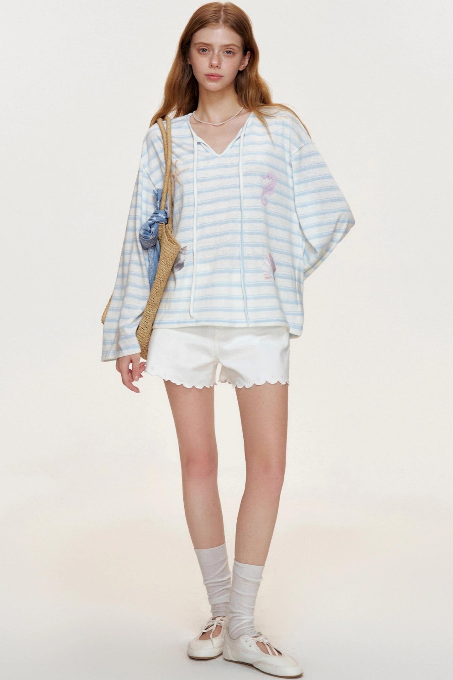Blue Ocean Shell Starfish Lace-up Smock Shirt