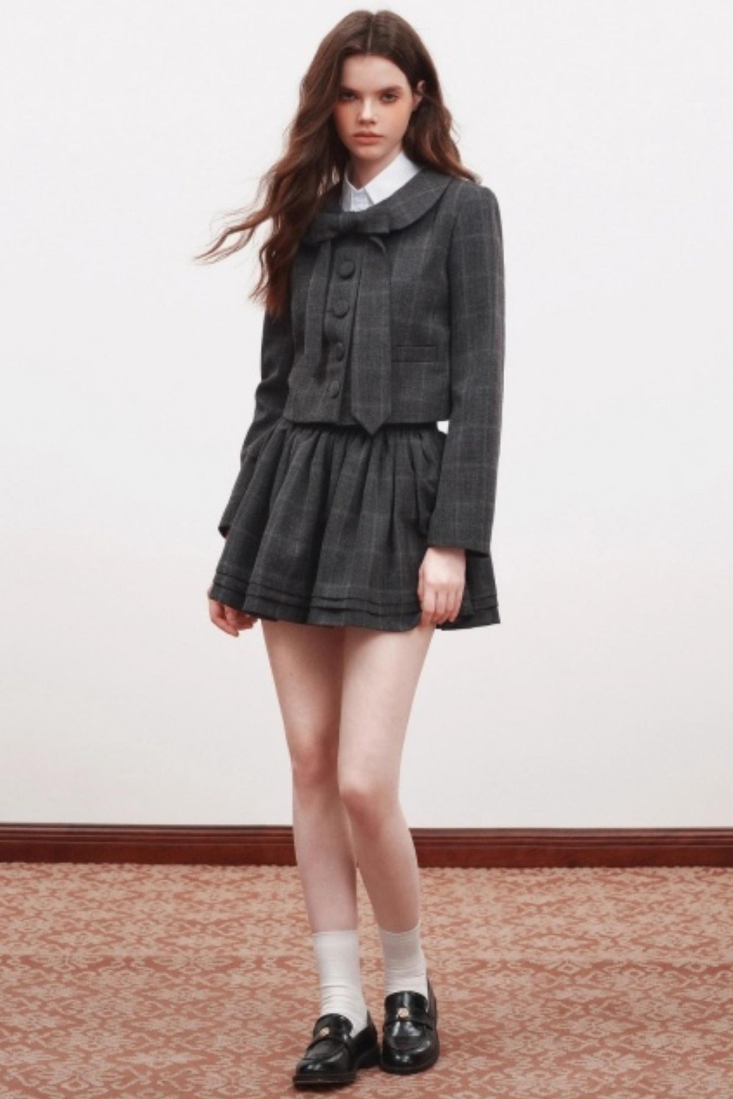 Plaid Doll Collar Blazer Skirt Set-Up