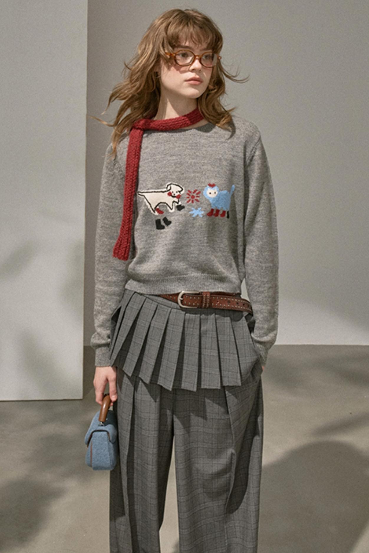 Kitten Puppy Embroidered Wool Blend Top