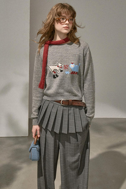 Kitten Puppy Embroidered Wool Blend Top