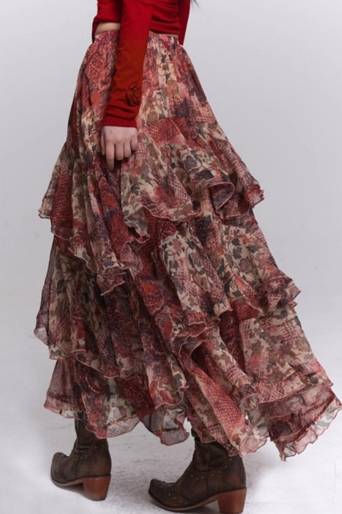 Red Floral Tiered Skirt