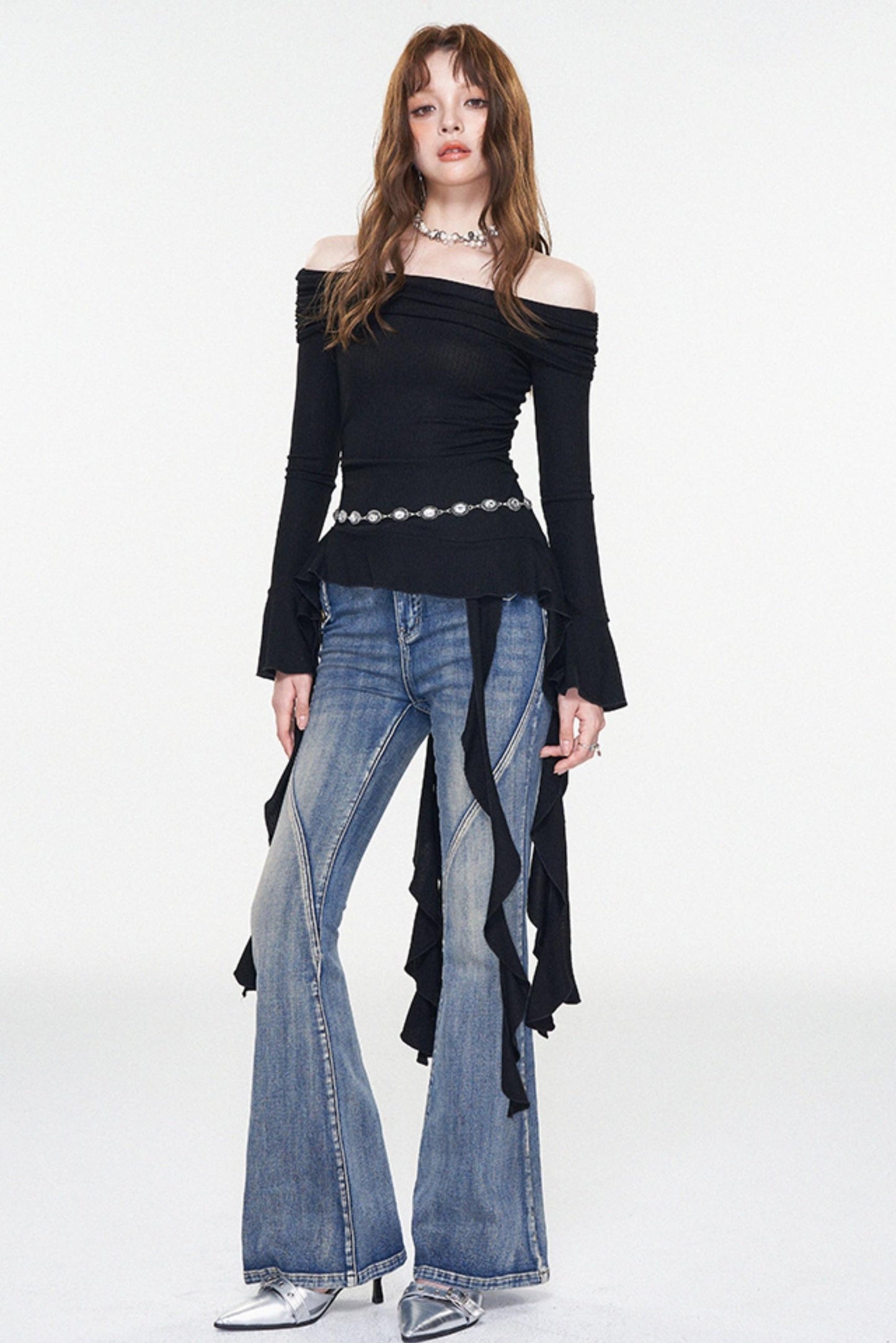 Ruffle One-Shoulder Glitter Top