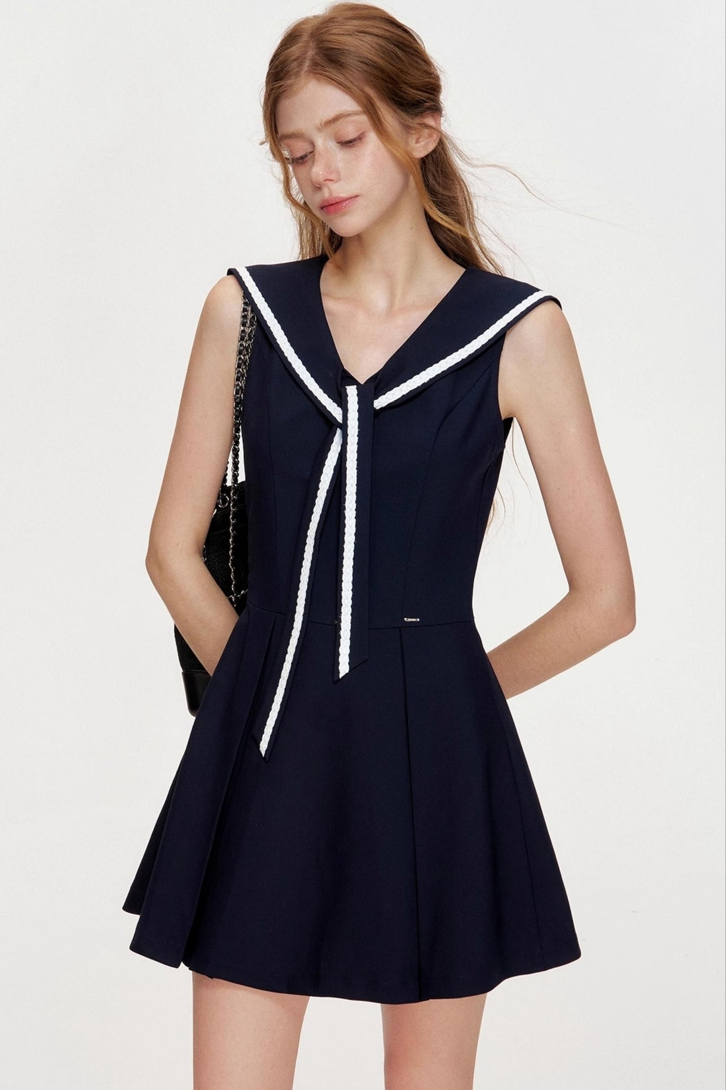 NavyCore Floral Tie Waist Dress