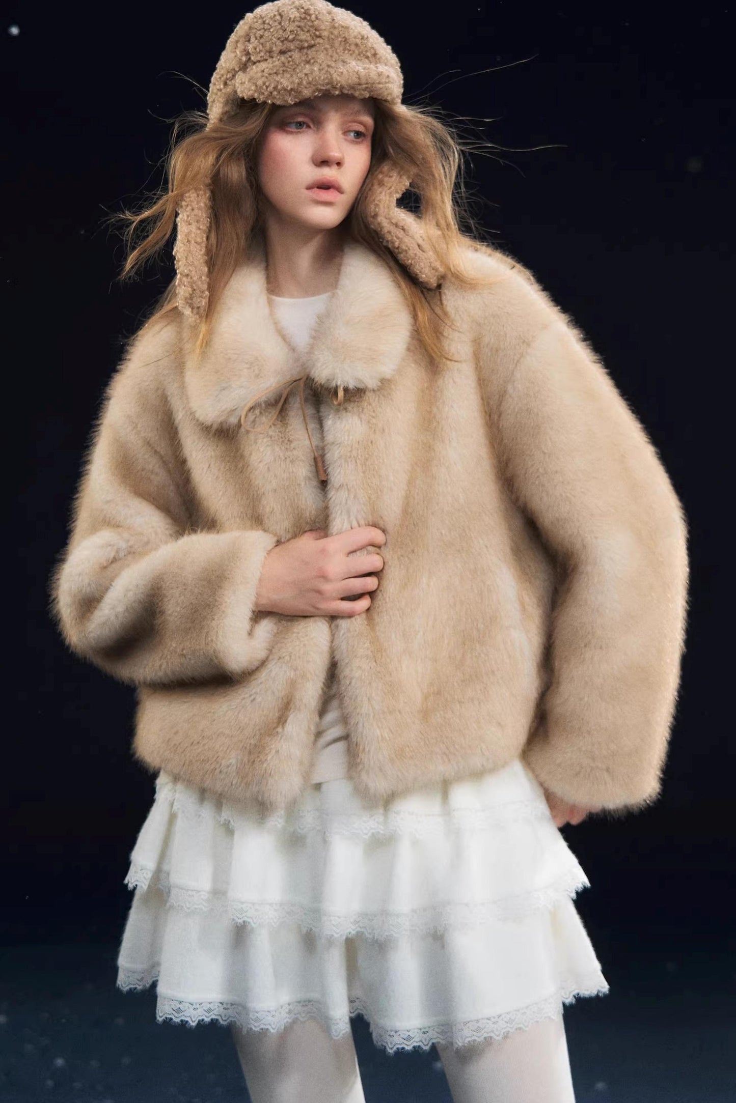 Lace-Up Lapel Fur Coat