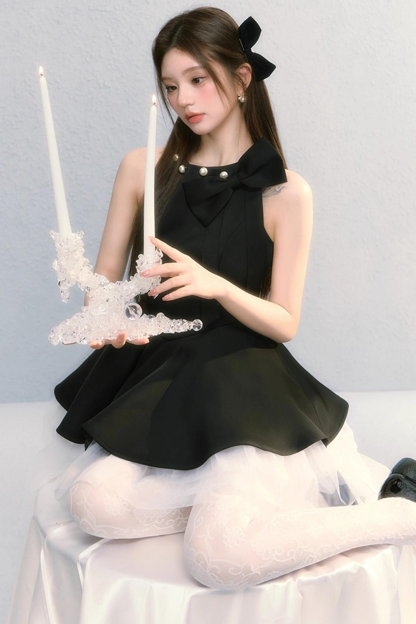 Obsidian French Bow Sleeveless A-Line Dress