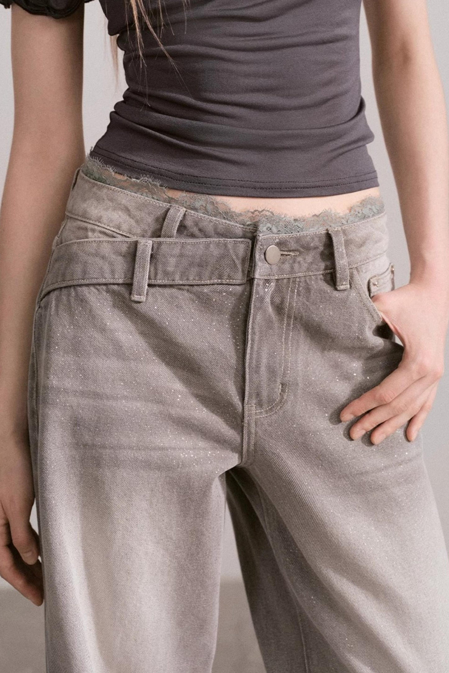 Vintage Lace-Waist Wide-Leg Jeans