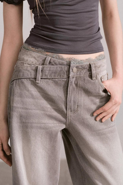 Vintage Lace-Waist Wide-Leg Jeans