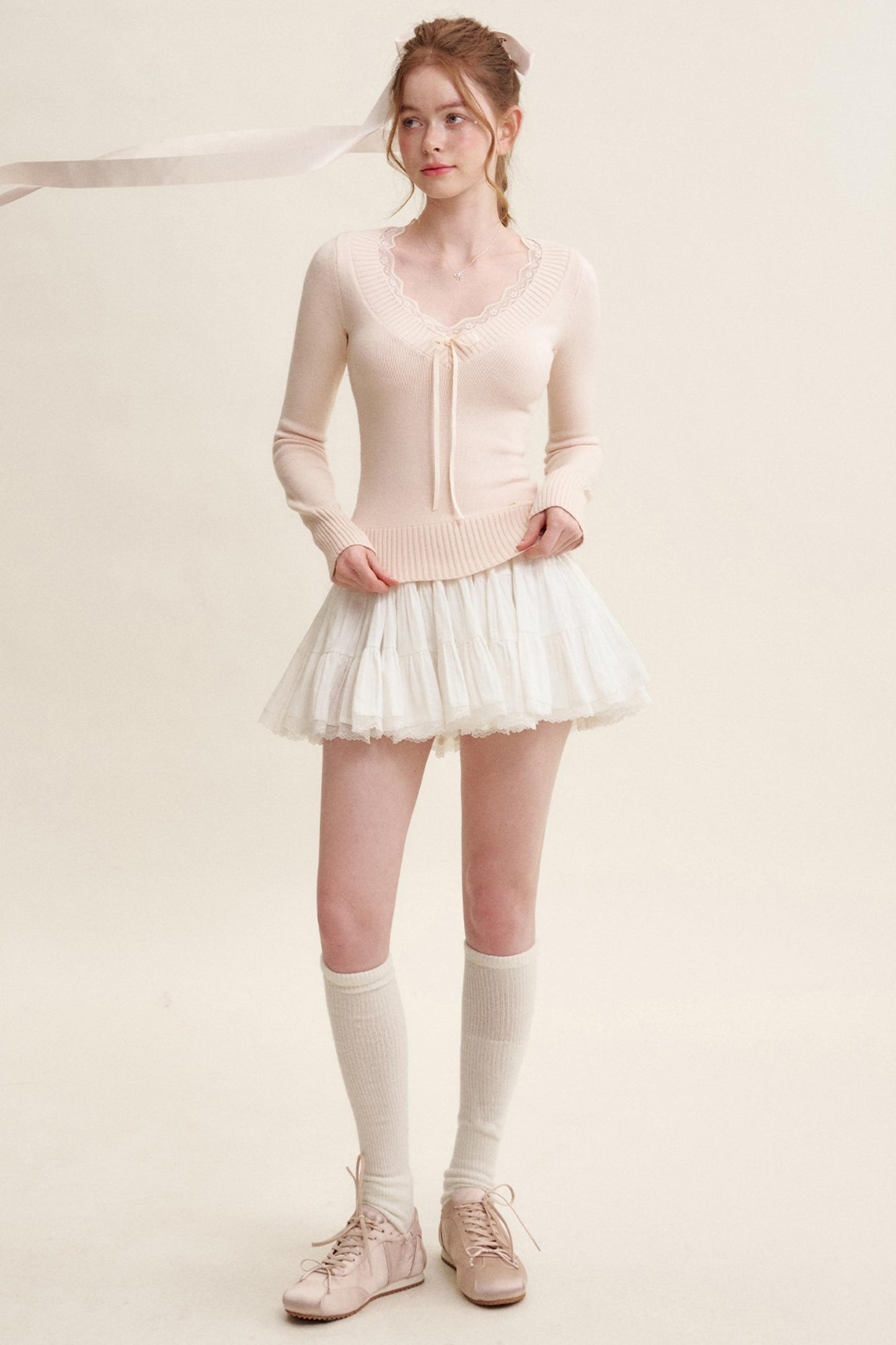 Peach Lace Sweater Tops