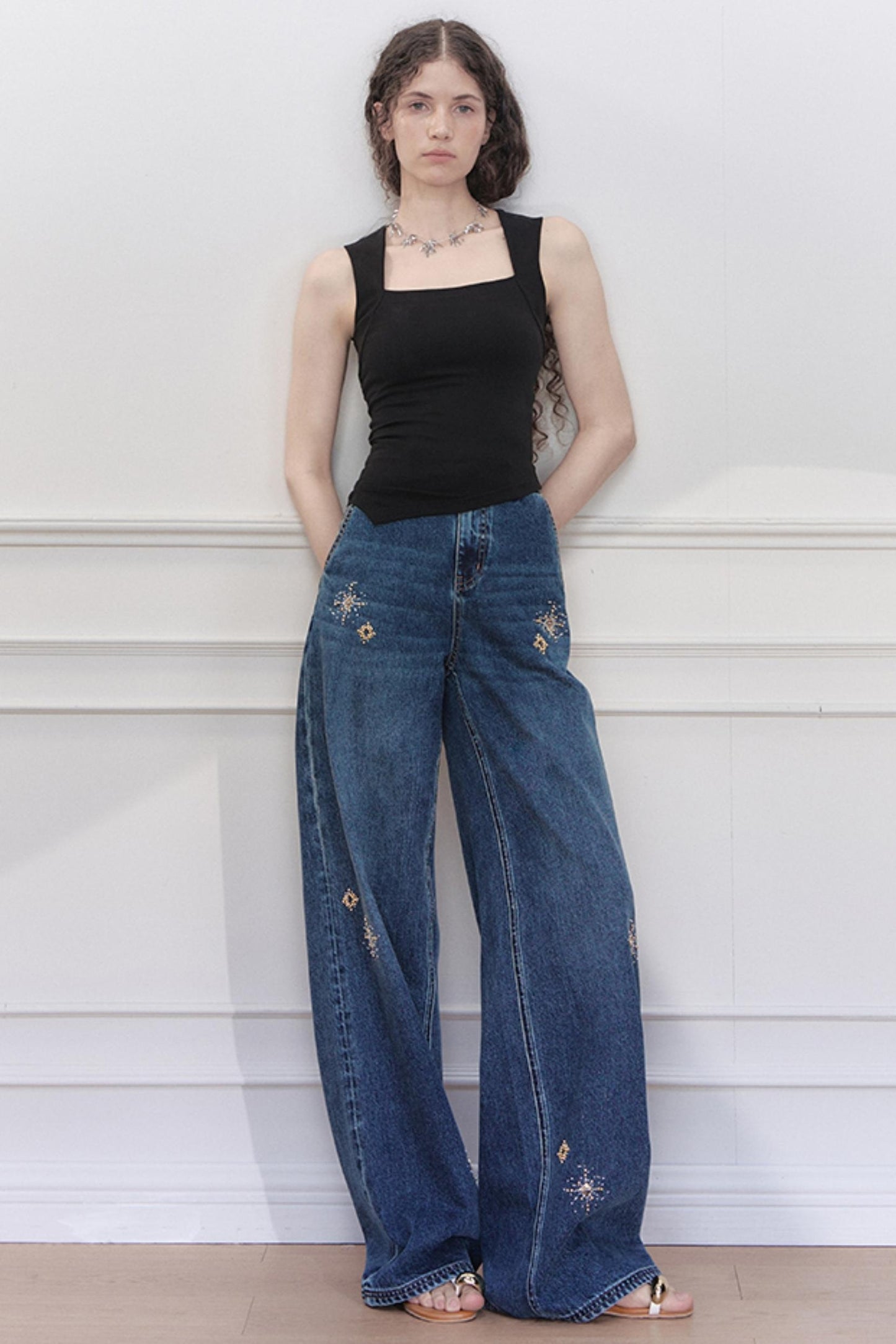 Blue Star Embroidered Wide-Leg Jeans