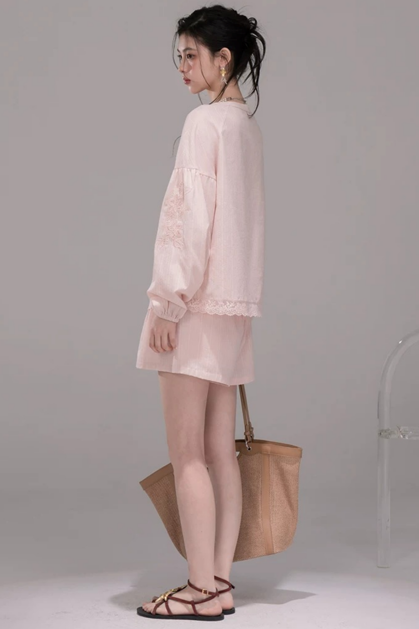 Completo Camicia a Righe Rosa Pesca