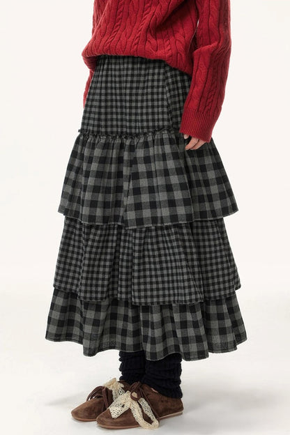 Plaid Patchwork Tiered Skirt