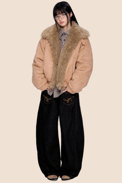 Faux Suede Fur Collar Jacket