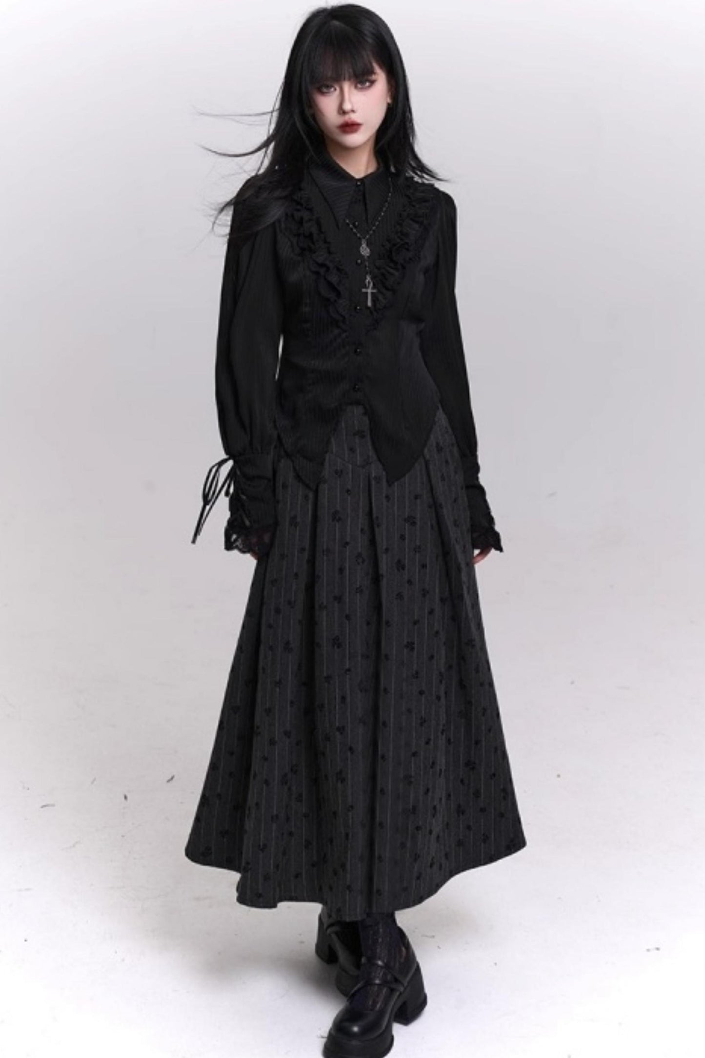 Gray Striped A-Line Skirt