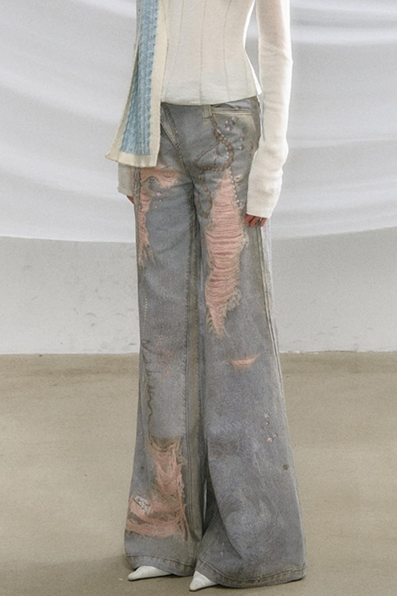 Ripped Faux-Denim Flared Pants