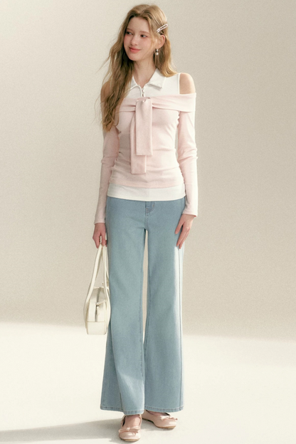 One-Shoulder Tie Patchwork Top