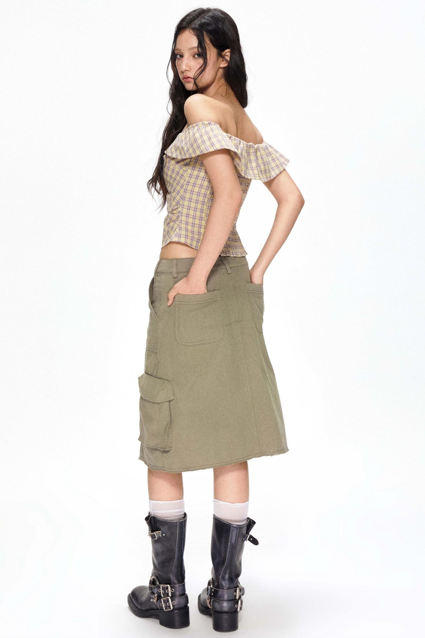 One-Shoulder Yellow Plaid Blouse