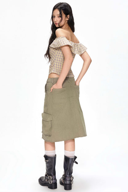 One-Shoulder Yellow Plaid Blouse