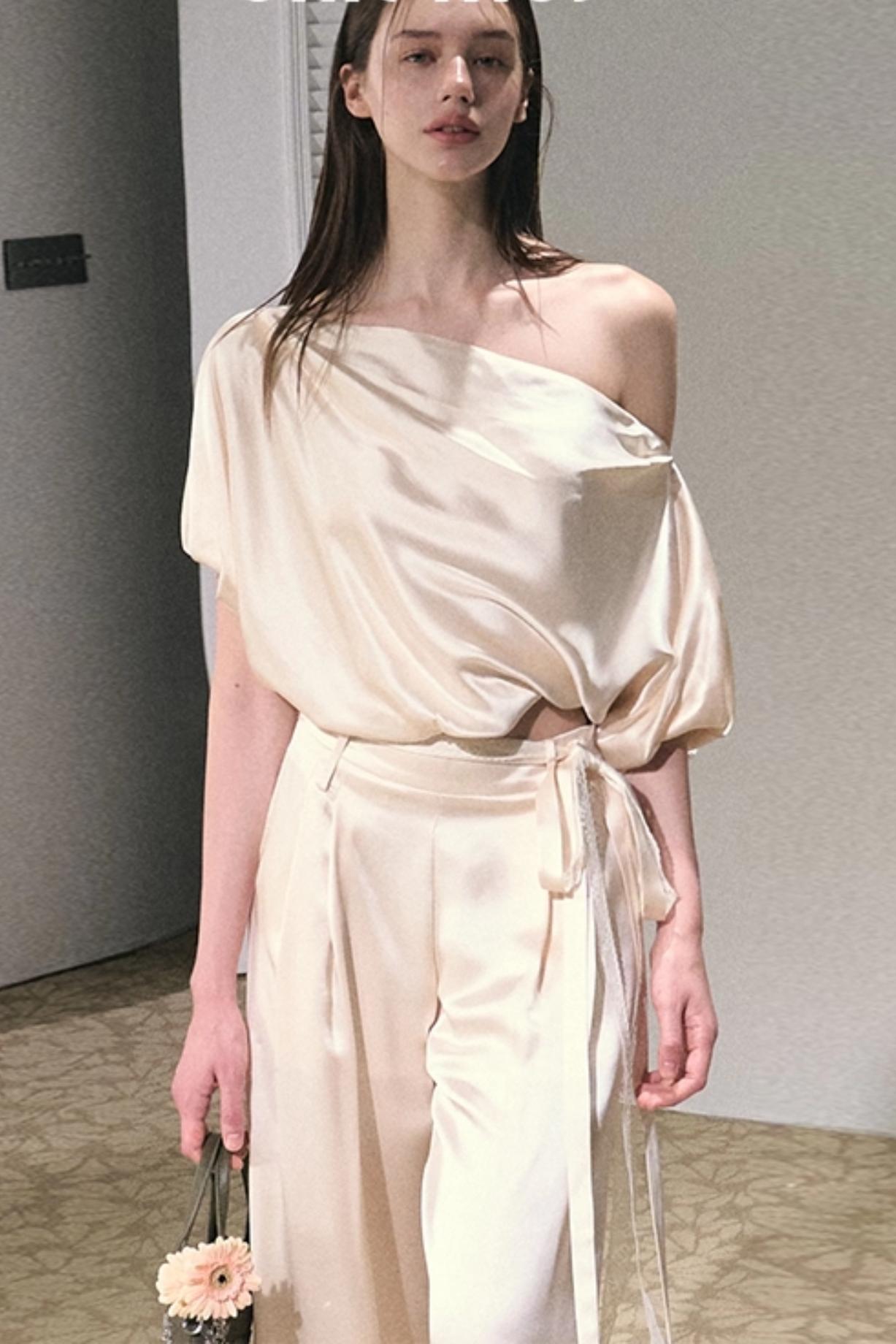 Acetate Bud Slanted Shoulder Top & Pants Set-Up