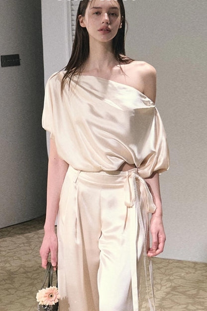 Acetate Bud Slanted Shoulder Top & Pants Set-Up