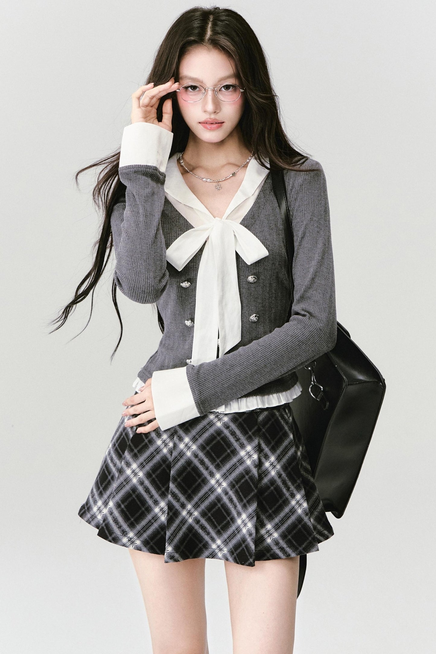 Bow Knit Fake Two-Piece College Top Set-Up