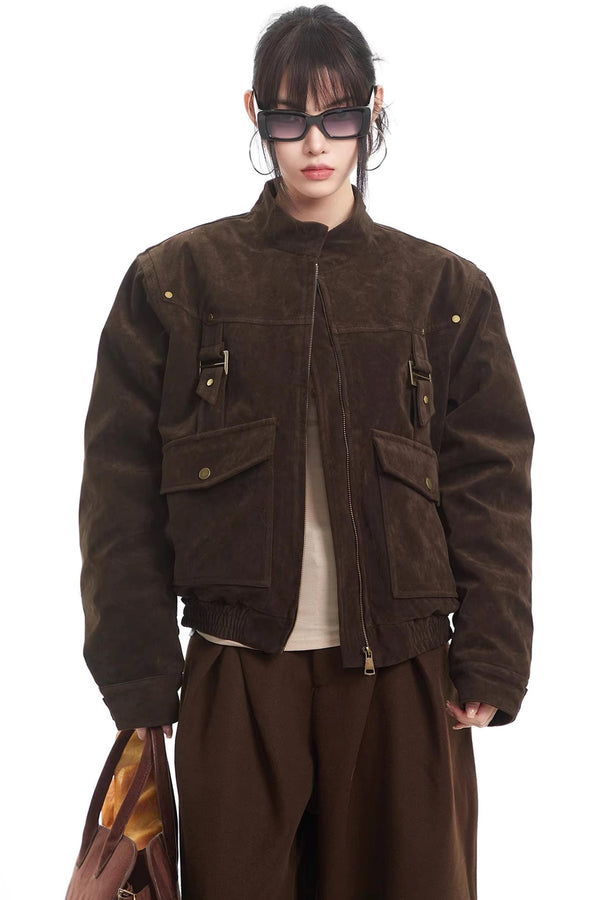 Retro Suede Stand-Up Collar Jacket