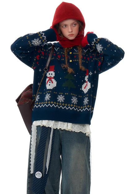 Retro Snowman Dark Blue Sweater