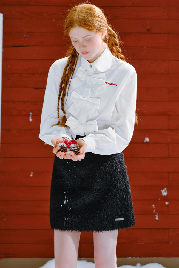 핑크 화이트 면 리본 셔츠 