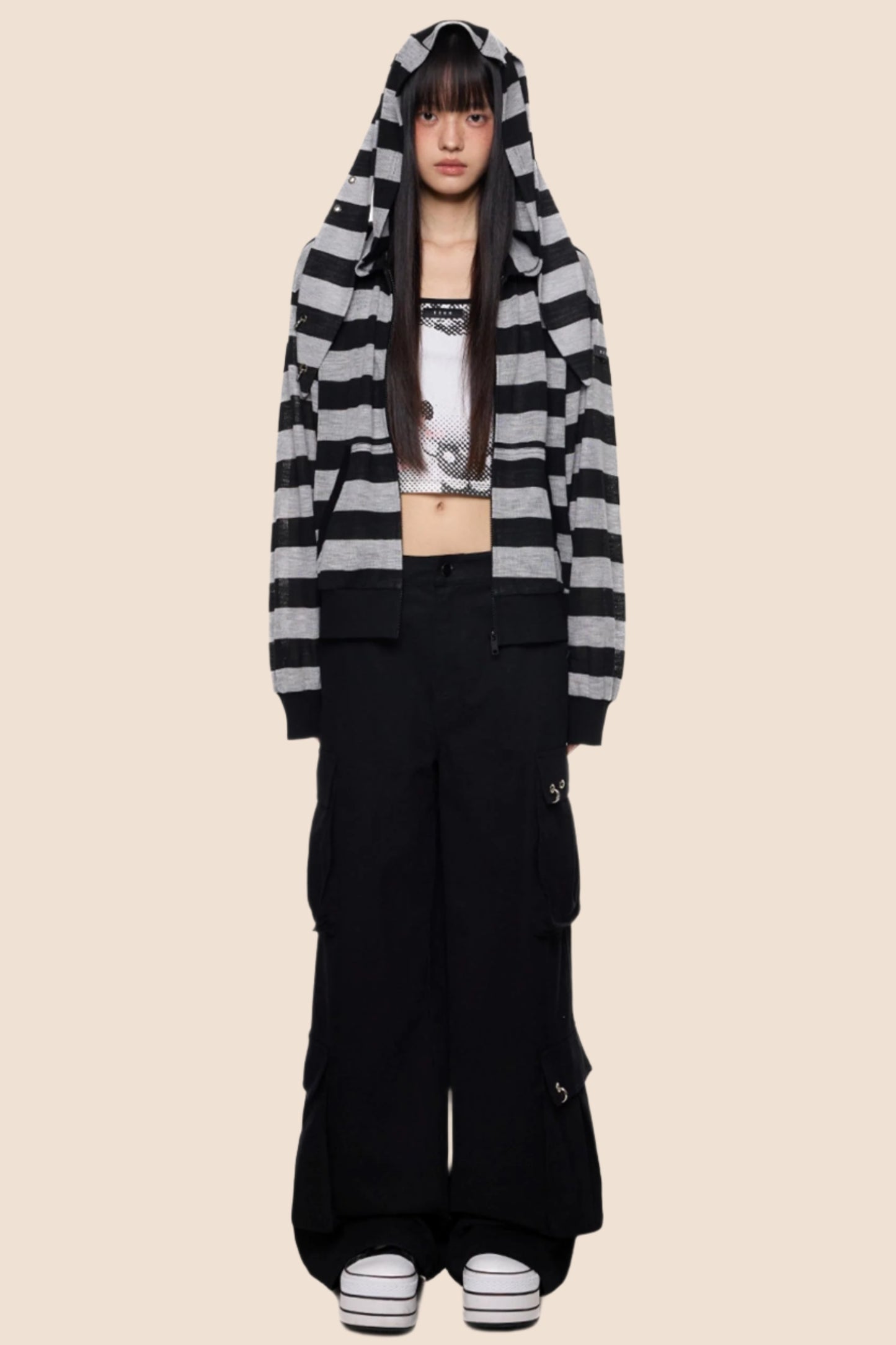 Rabbit Ears Stripe Hooded Long Sleeve Cardigan