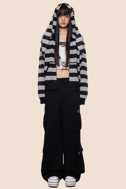 Rabbit Ears Stripe Hooded Long Sleeve Cardigan