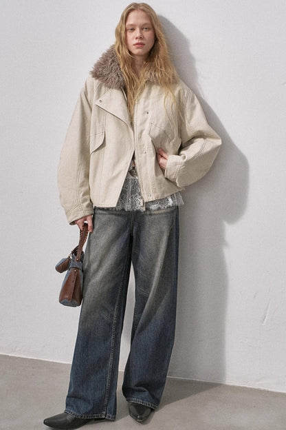 Curved Sleeve Fur Collar Jacket