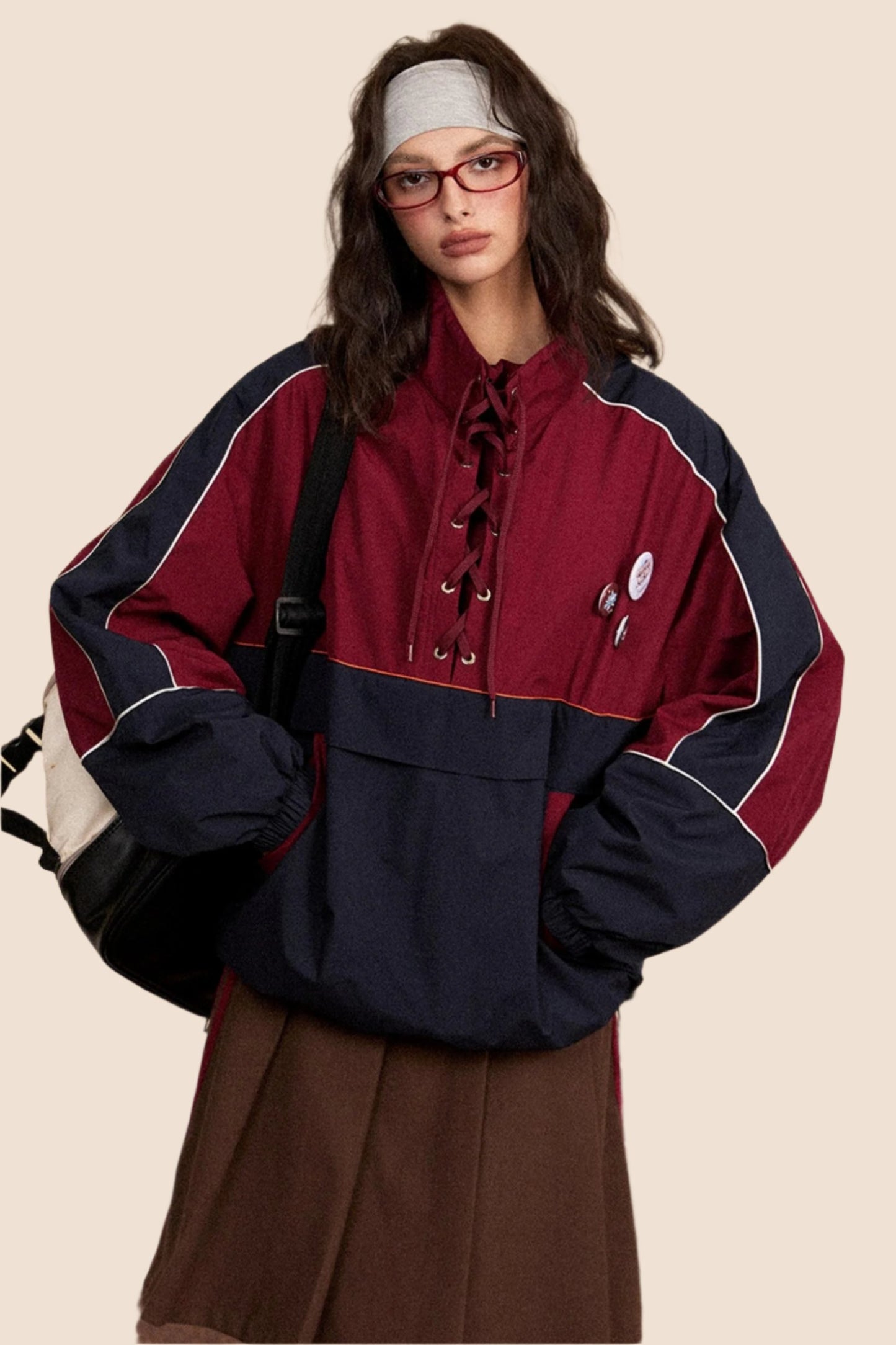 EZEK American Vintage Drawstring Stand Collar, Contrast Panel, Pullover Plus Cotton Padded Sweatshirt, Women's Loose Track Jacket