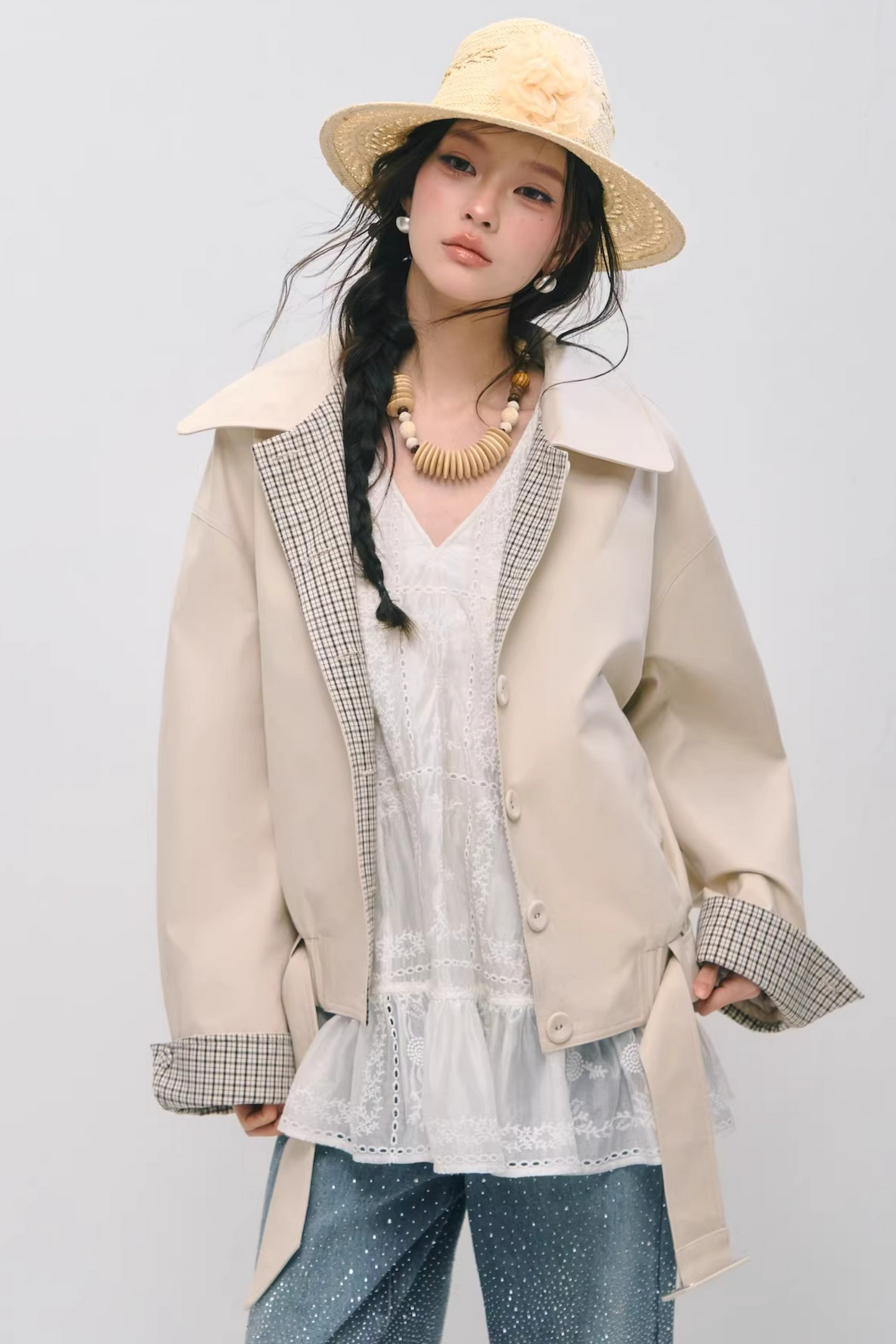 Jacke mit Karomuster, Patchwork, Revers und Knöpfen
