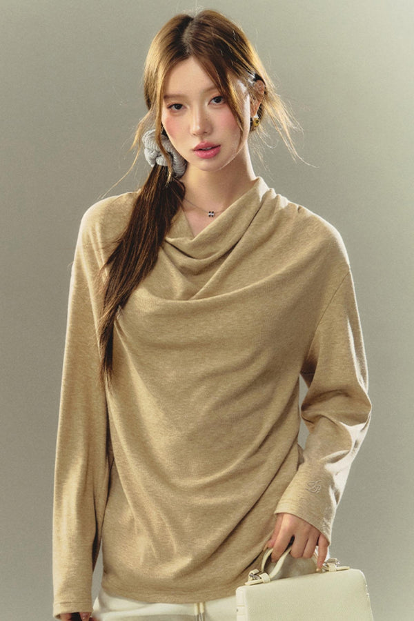 스택 넥 루즈 롱 슬리브 티셔츠 