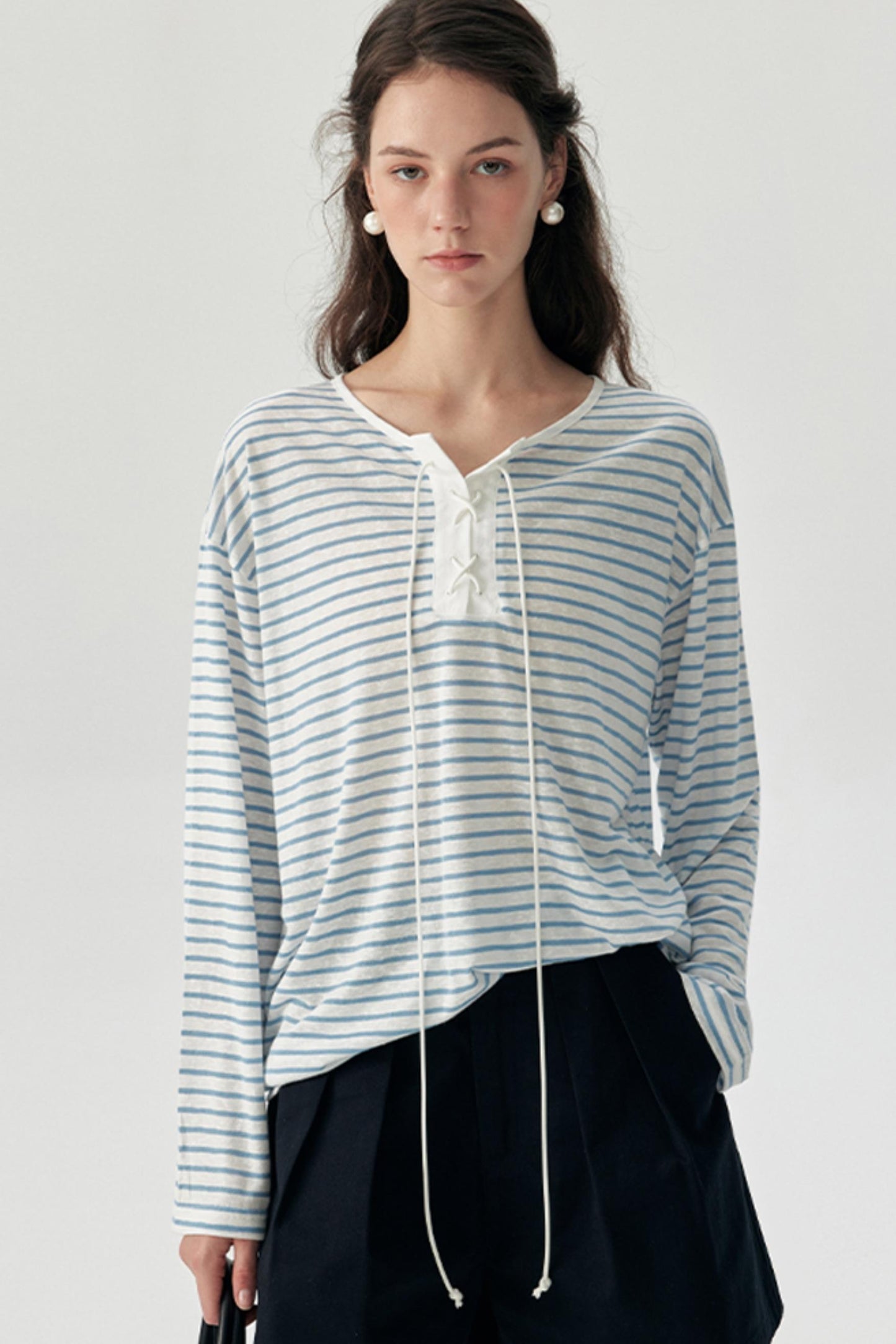 Nautical Blue Striped Tencel Long-Sleeved Smock