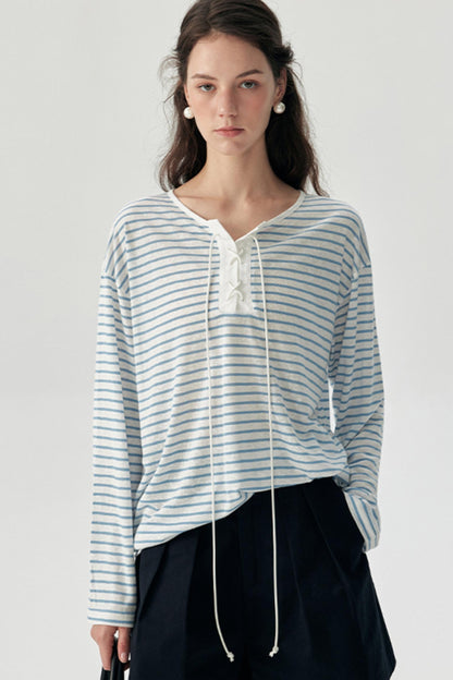 Nautical Blue Striped Tencel Long-Sleeved Smock