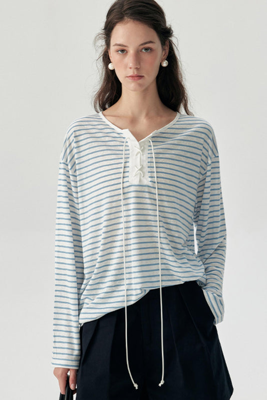 Nautical Blue Striped Tencel Long-Sleeved Smock