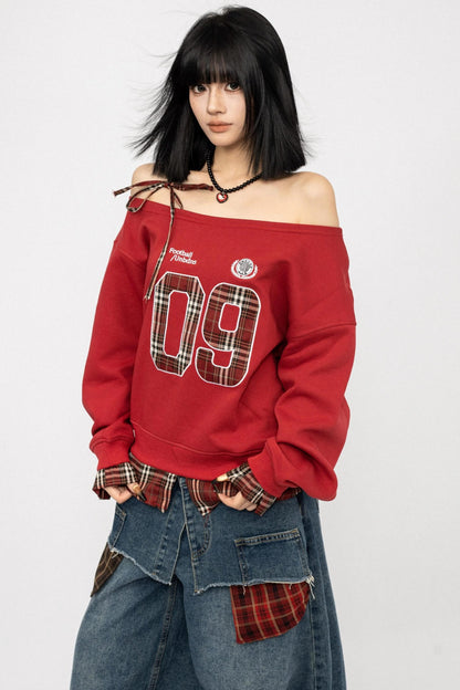 Vintage Plaid One-Shoulder Sweatshirt