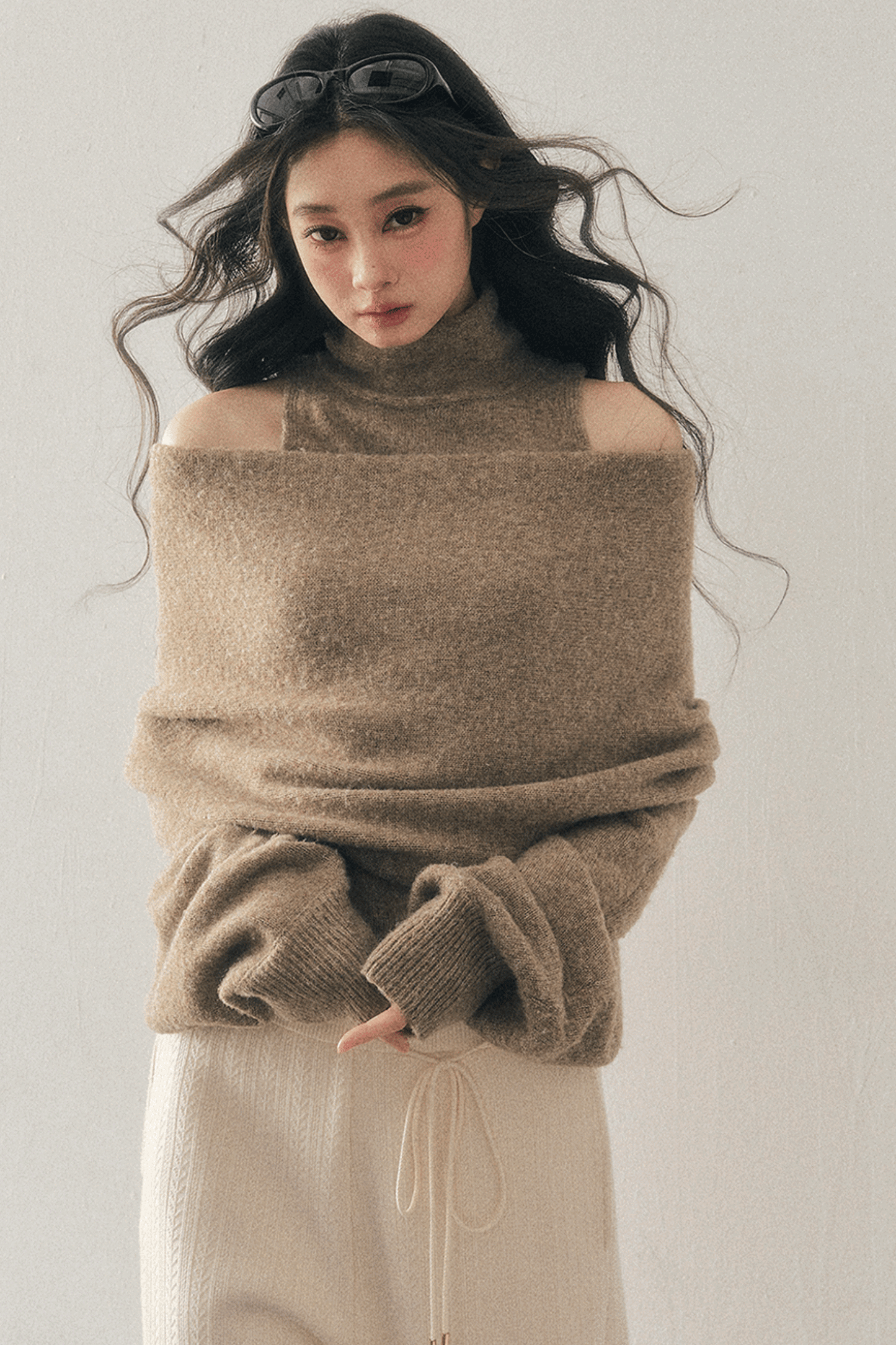 High-Neck Off-Shoulder Knit Sweater Set