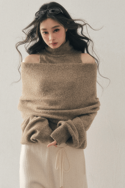 High-Neck Off-Shoulder Knit Sweater Set
